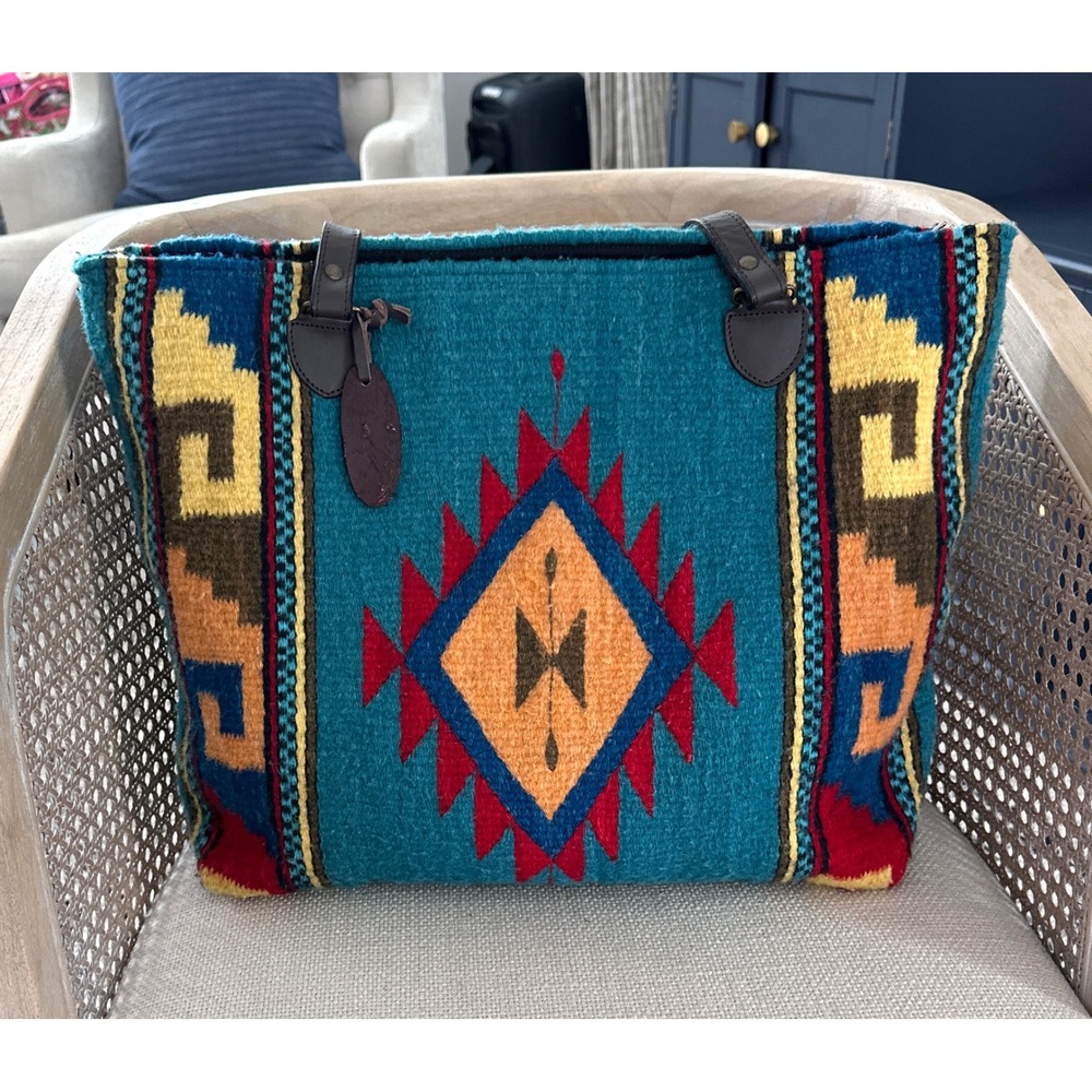 Manos Zapotecas Handwoven Wool Tote Bag Turquoise Zapotec Diamond Leather Straps